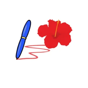 blue colored pen with red ink and a hibiscus symbolizing writing in Malaysia.