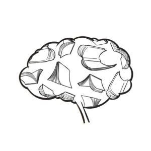 Brain illustration with floating books inside to signify developments of writing in Malaysia. 