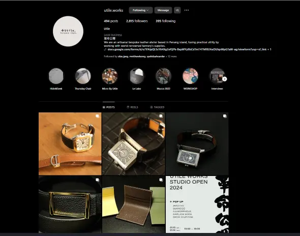 Utile.works IG page featuring leather goods to illustrate good content marketing in kuala lumpur