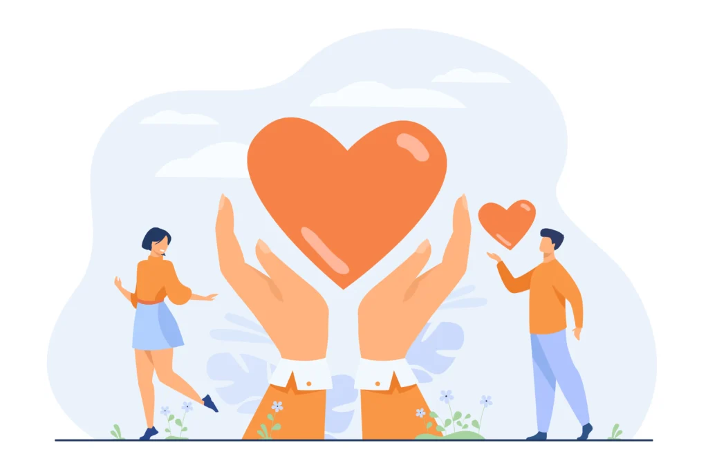 large orange heart with 2 people on either side representing empathy