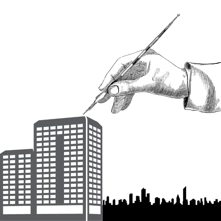 Two grey buildings with a solid black city backdrop and a floating hand with a pen symbolizing business writing