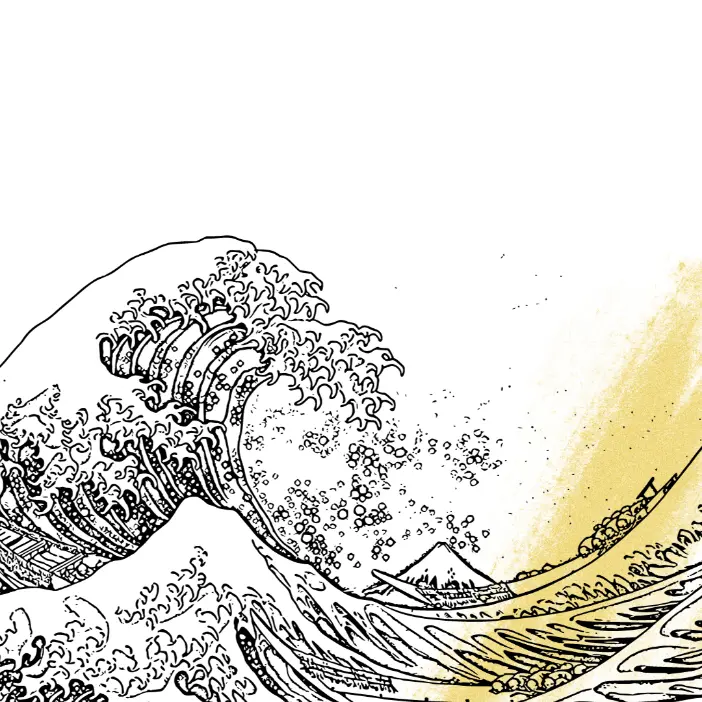 Ocean waves illustrated by Hokusai with gold brush stroke accents symbolizing the blue ocean strategy in Malaysia.