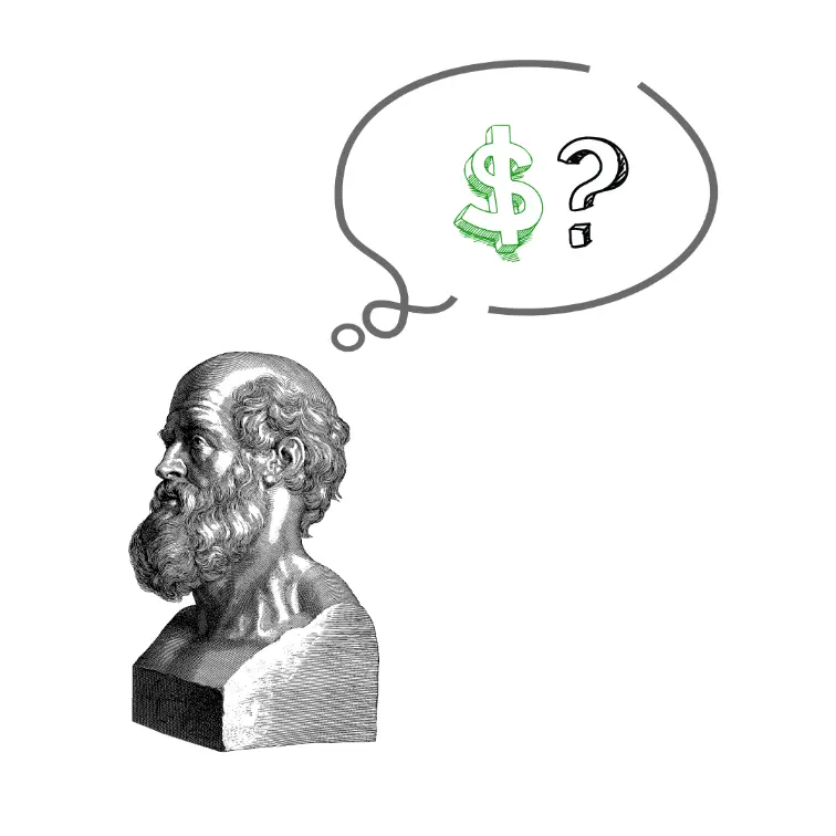 Philosopher bust thinking about cost in thought bubble