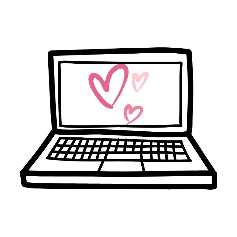 Laptop with 3 floating hearts on the screen to represent empathetic ux writing