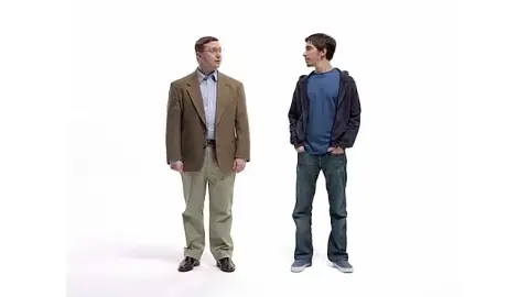 John Hodgman and Justin Long standing side-by-side in the Get a Mac Apple ad campaign