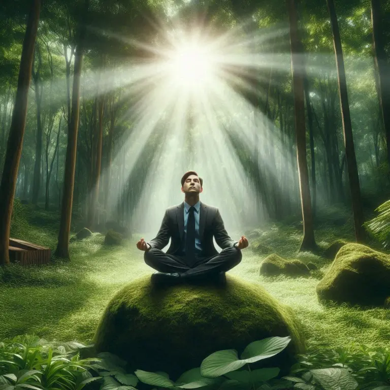 A businessman sitting in lotus position in a forest clearing with sunrays overhead.