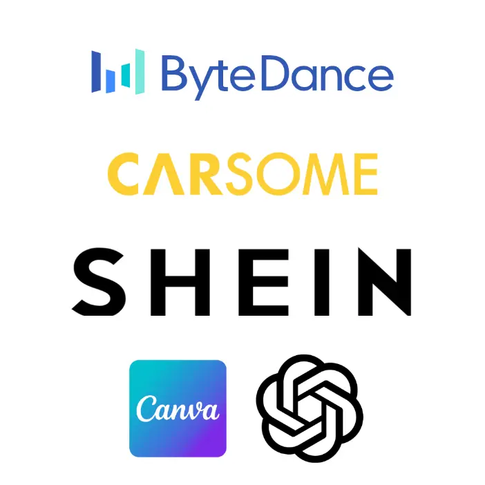 Company logos of bytedance, shein, canva, openai and unicorn malaysia startup carsome