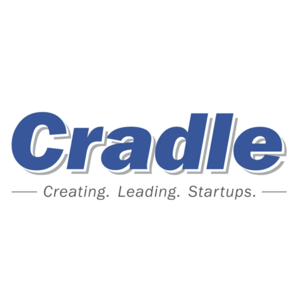 blue and white Cradle Fund Creating Leading Startups display logo