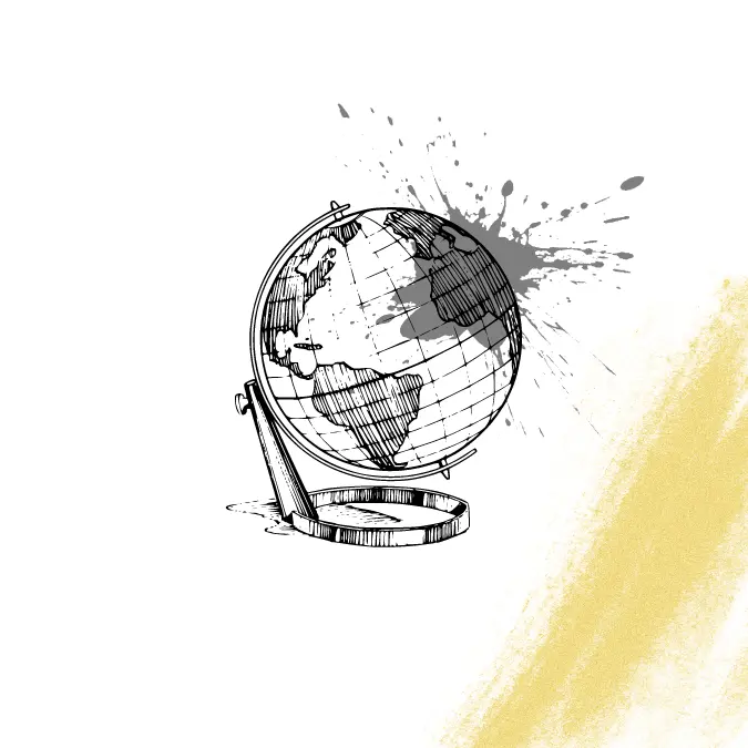 black and white globe with barely visible gold fireworks surrounding it