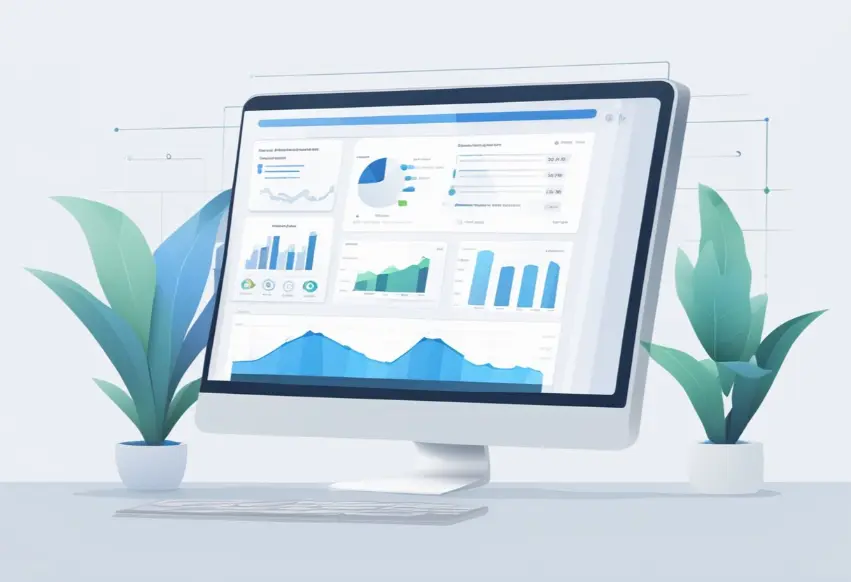 UX optimisation work dashboard shown through a white monitor with 2 green plants next to it