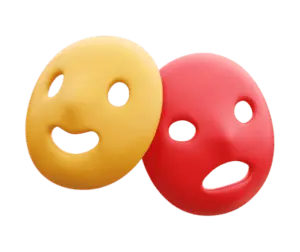 A happy orange mask and a red mask expressing shock representing the duality of soft sell copywriting and hard sell copywriting respectively.