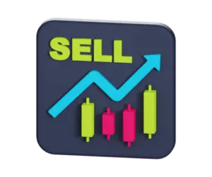 A button featuring the word 'sell', a blue upwards arrow and economic graph bars illustrating the efficacy of soft sell copywriting.