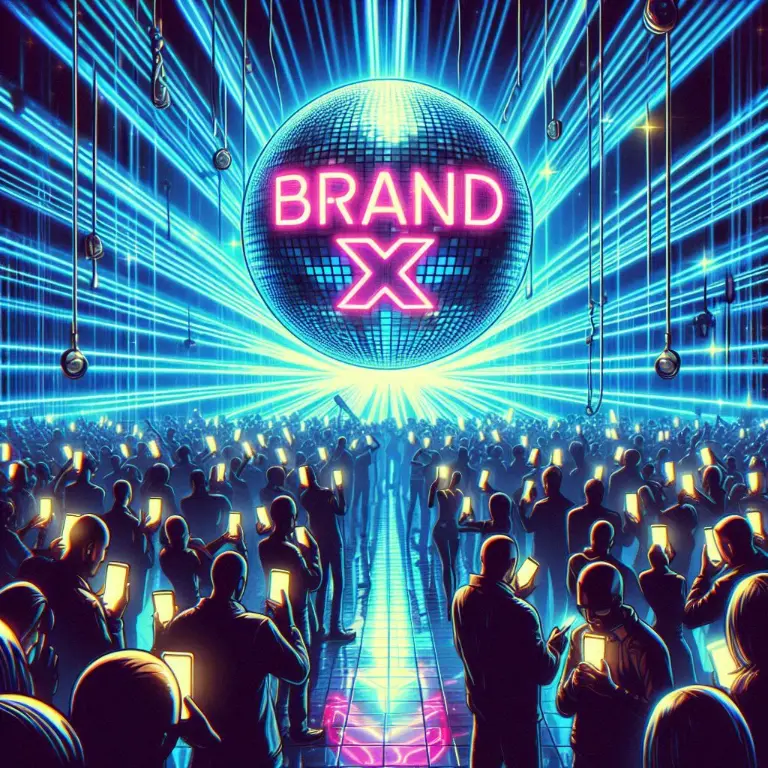 A dance club with a large disco ball featuring the words 'brand x' symbolizes one of the advantages of social media marketing which is brand awareness.