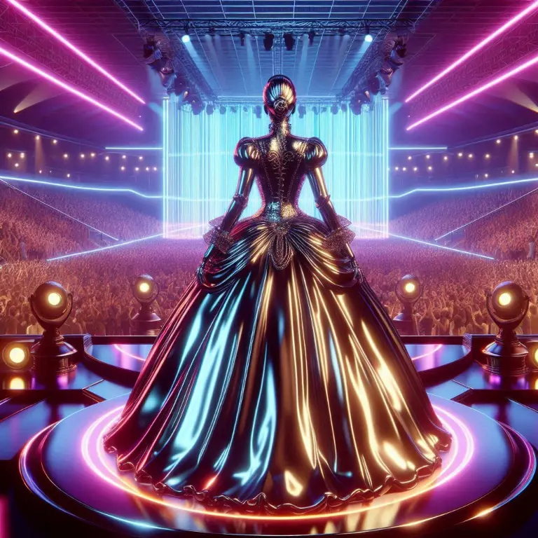 A chrome lady standing on a futuristic stage with fans cheering as a symbol of influencer marketing which is one of the advantages of social media marketing.