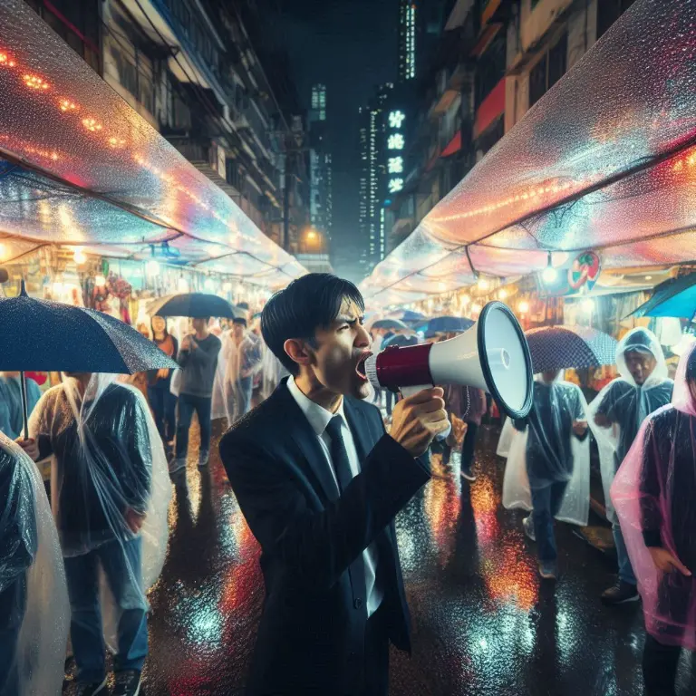 A businessman shouting into a megaphone in the middle of a crowded rainy night market symbolising the nature of marketing communication.