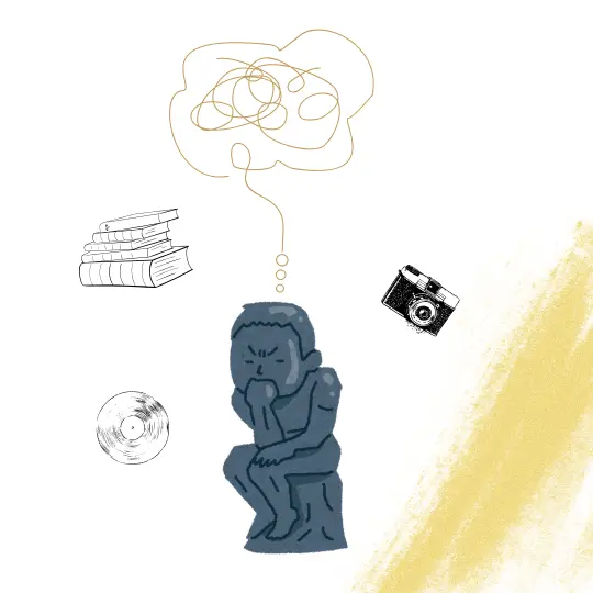 A statue of a boy with camera, vinyl, book icons representing content psychology.