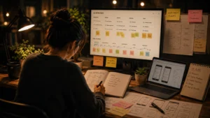 A person working late at a warm, softly lit desk, planning UX strategy and content marketing through user journey maps, wireframes, sticky notes, and digital interface mockups.