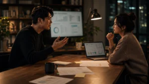 Two Asian professionals in a warm, late-night office, discussing UX strategy and content marketing across a clean wooden table with a few papers, sticky notes, and blurred dashboard screens in the background.