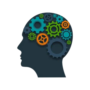 A head profile with multicolored gears inside the symbolizing content psychology insights