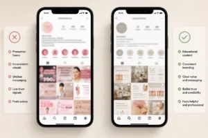 A side-by-side comparison of two aesthetic clinic Instagram profiles shows how social media can feel different depending on content strategy, with one blurry feed appearing promotion-heavy and unclear, while the other looks more educational, consistent, and trust-led.