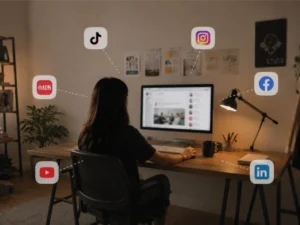 A person works at a desktop computer in a modern home office while a blurred LinkedIn style feed appears on the monitor, with icons representing TikTok, Instagram, Facebook, LinkedIn, YouTube, and Xiaohongshu surrounding the workspace.