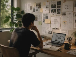 A man sits at a desk in natural light, studying research notes, moodboard references, and a laptop screen while planning a brand strategy, reflecting the thinking and research process behind social media.
