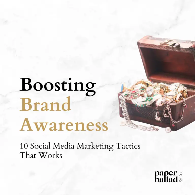 A treasure chest with shiny jewellery pieces next to a big text saying "boosting brand awareness".