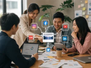 A team discussing cross-posting strategy across Instagram, Facebook, YouTube, Xiaohongshu, and LinkedIn, with platform icons connected around a central content post in a modern office setting.