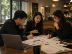 Three professionals brainstorming about social media marketing - consumer psychology around a table with blurred research notes, papers, sticky notes, and a laptop in a warm café-style workspace.