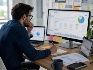 An SEO editor studying blurred analytics dashboards and charts on multiple screens, representing research into Google algorithm performance in a focused office workspace for a social media marketing strategy blog post.