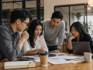 A team brainstorming around papers, laptops, and strategy notes, representing collaborative social media marketing in Malaysia for building stronger content, clearer positioning, and brand growth in 2026.