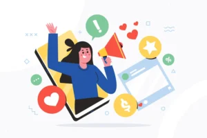 brand awareness illustrated through a cheerful woman stepping out of a smartphone while holding a megaphone. She waves as colourful icons float around her, including hearts, stars, notifications, dollar signs, and social media elements. The scene represents spreading messages, engaging audiences, and boosting visibility through digital platforms.