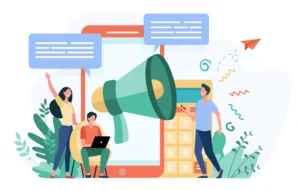 brand awareness illustration showing three people interacting with a giant megaphone in front of an oversized smartphone. One person stands and waves beside speech bubbles, another sits with a laptop, and a third holds a phone while talking. The scene is colourful and lively, symbolising communication, digital marketing, and spreading a message across multiple channels.