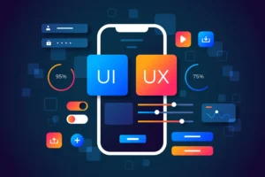 brand awareness in UI/UX design illustrated as a glowing smartphone surrounded by colourful interface elements. The screen displays two bright blocks labelled “UI” and “UX,” while sliders, buttons, charts, toggles, and icons float around it. The image represents how intuitive design, user experience, and visual consistency help users recognise and remember a brand.