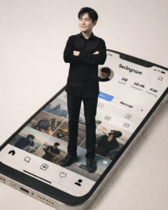 what is a ux strategist blog post showing a confident young man in an all-black outfit stands with arms crossed on top of a giant smartphone displaying an Instagram profile, set against a clean beige background.