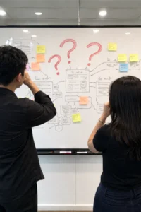 what is a ux strategist problem solving - Two people stand with their backs to the camera in a conference room, looking at a whiteboard filled with diagrams and question marks, appearing confused as they try to make sense of the information.