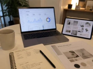 Minimal modern workspace with a laptop displaying social media analytics, a tablet showing branding visuals, and a handwritten content plan on a desk, photographed in natural lighting for online marketing.