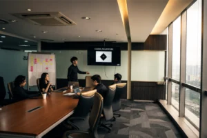 Professional team discussing online marketing strategy in a modern corporate meeting room with branding presentation and digital planning session.