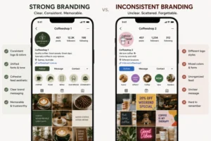 Side-by-side online marketing comparison of two café Instagram profiles showing strong branding versus inconsistent branding, highlighting differences in visual consistency, messaging, colors, typography, and overall social media presentation.