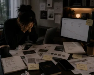 A stressed young Asian woman sits in a dimly lit office covering her face with her hands, surrounded by scattered branding drafts, marketing notes, and declining analytics on a computer screen, representing common online marketing mistakes and strategy overwhelm.