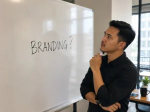 A Malay man looking thoughtfully at a whiteboard with “Branding?” written on it, representing the question of what is a brand in a simple office setting.