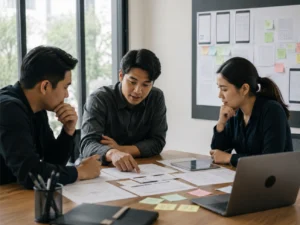 What is a Brand ? Three Asian professionals discussing UX strategy around a table with wireframe sketches, sticky notes, a tablet, and a laptop in a bright modern office.
