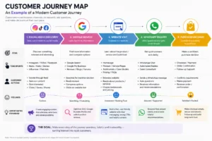 A customer journey map shows how a UX strategist Malaysia may connect social media discovery, Google search, website visits, WhatsApp enquiries, and purchase decisions while considering customer goals, actions, emotions, and brand opportunities at each stage.