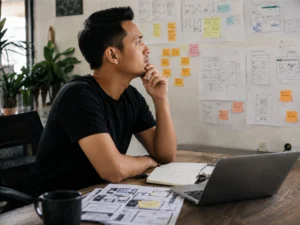 A Malay man sits at a desk in a bright workspace, resting his chin on his hand while thinking as a UX Strategist. In front of him are a laptop, notebook, coffee mug, and printed wireframes, while the wall behind him is covered with sketches, sticky notes, and interface planning materials.