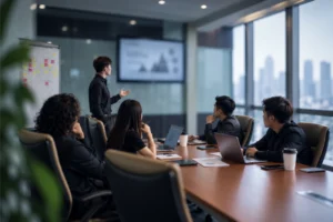 A modern strategy meeting in a high-rise office shows a presenter speaking to a small team seated around a conference table with laptops and notes, while a blurred presentation screen and city skyline sit in the background under cool, natural lighting.