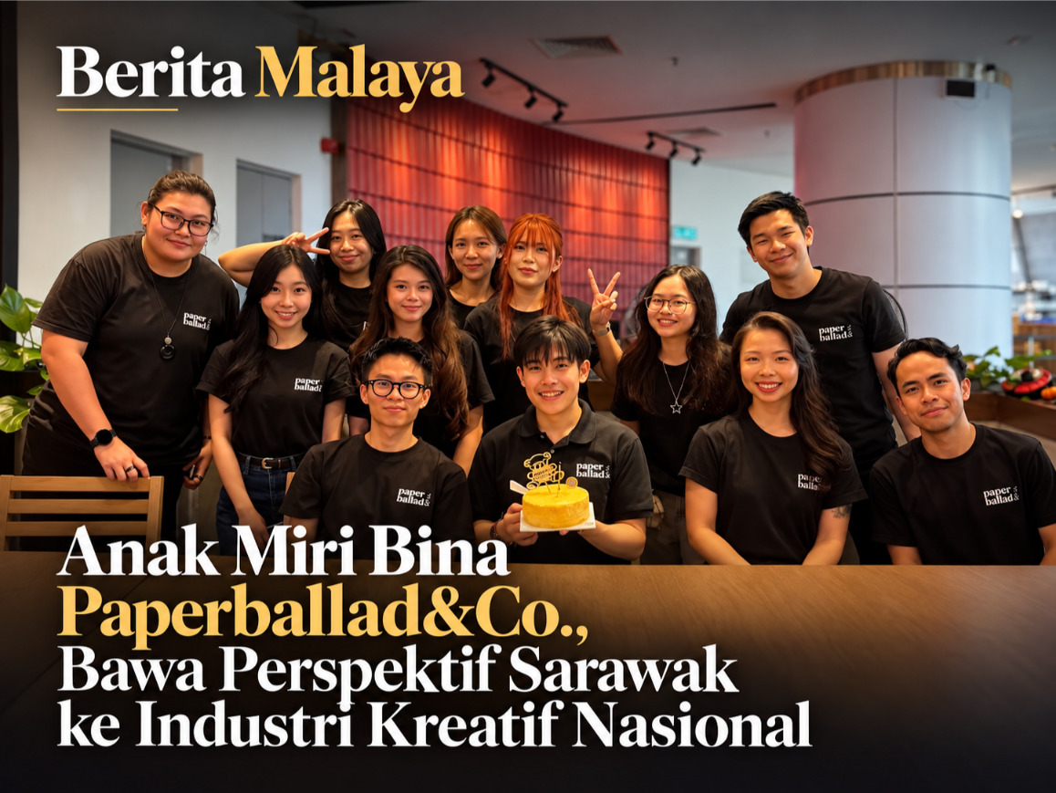 A featured article image showing the Paperballad&Co. team posing together indoors in matching black shirts, with one team member holding a small celebration cake. The Berita Malaya logo appears at the top left, while the headline “Anak Miri Bina Paperballad&Co., Bawa Perspektif Sarawak ke Industri Kreatif Nasional” is displayed in large white and gold text across the lower section.