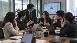 A group of young professionals discusses strategy around a conference table in a modern office, with laptops, notebooks, and a blurred presentation screen in the background, reflecting the collaborative working style often seen among creative agencies in Malaysia.