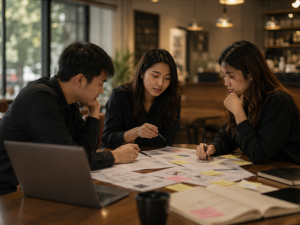 Three professionals brainstorming about social media marketing - consumer psychology around a table with blurred research notes, papers, sticky notes, and a laptop in a warm café-style workspace.