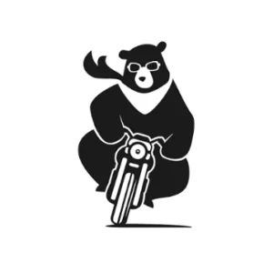 A simple black and white illustration of a bear wearing sunglasses and riding a bicycle, used as a playful visual element for a creative brand and reflecting the personality-driven style often seen among creative agencies in Malaysia.