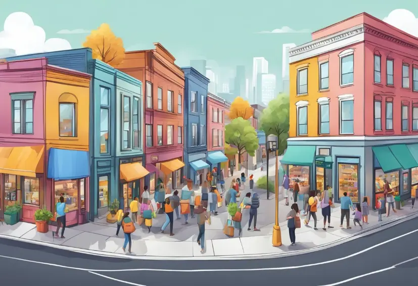 town square with colourful buildings and people convening as a result of hyperlocal social media marketing.